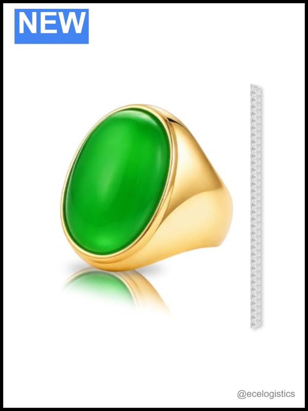 Chunky Gold Plated Statement Ring Oval Green Agate Adjustable